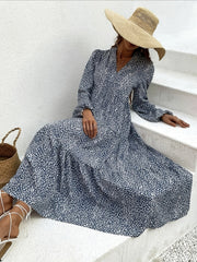 Leopard Print Maxi Dress Boho V Neck Lantern Sleeve Dress