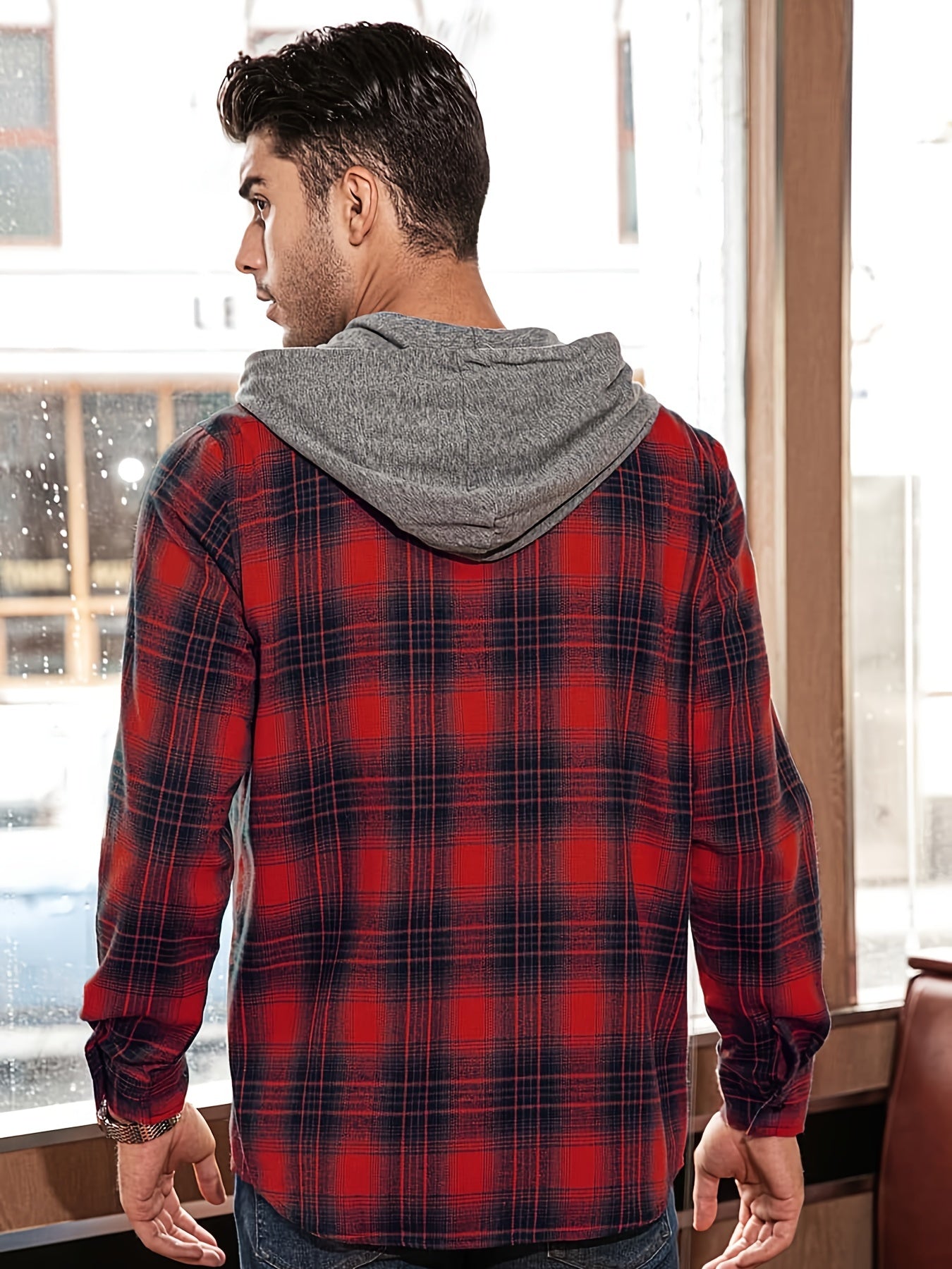 Plaid Print Men's Casual Button Up Long Sleeve Hooded Shirt