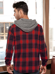 Plaid Print Men's Casual Button Up Long Sleeve Hooded Shirt