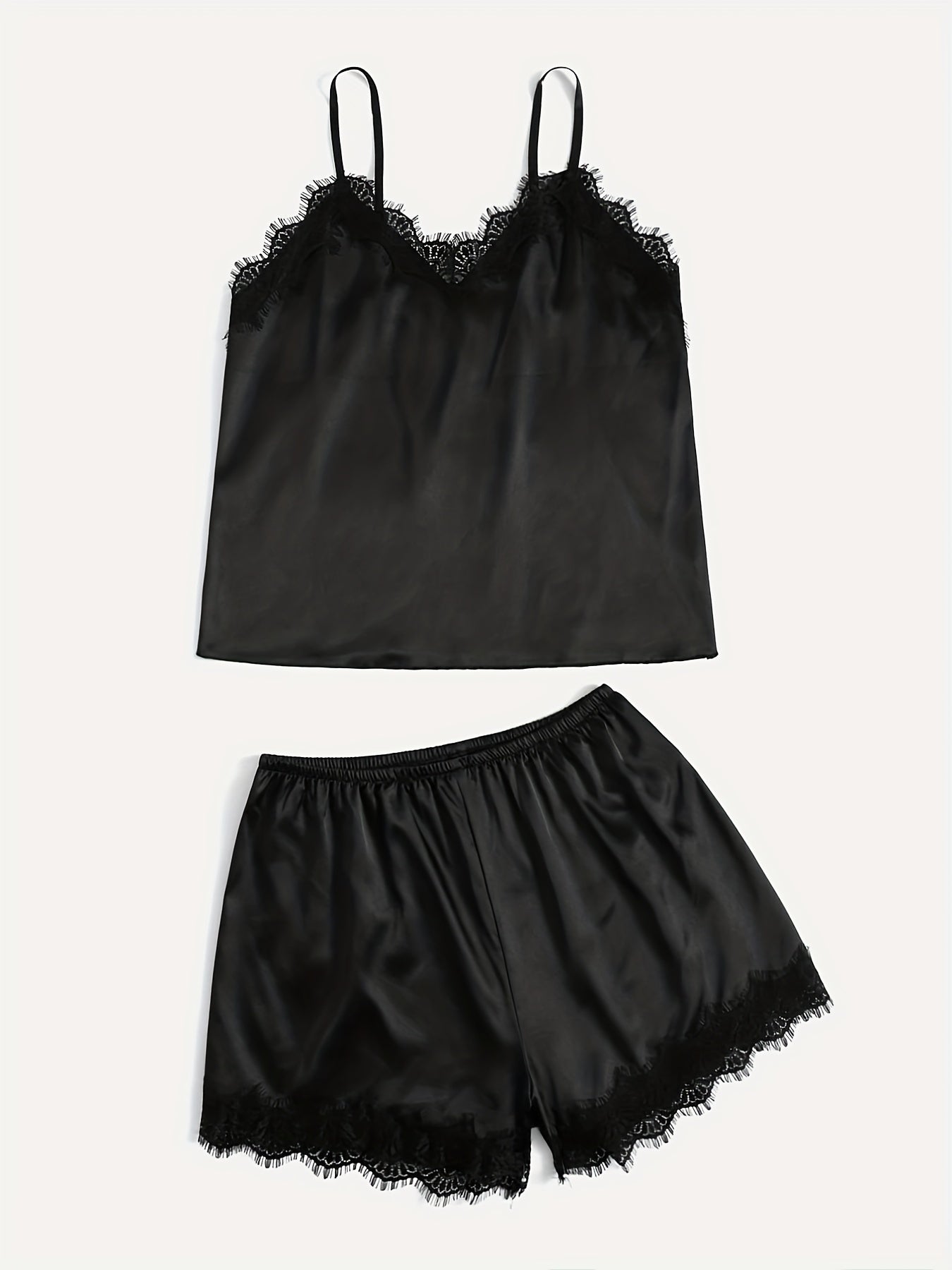 Lace Trim Pajama Set V Neck Cami Top & Shorts