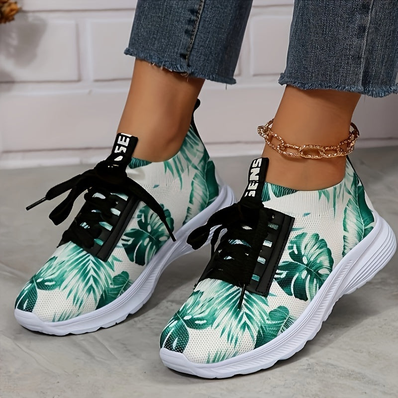 Women's Green Leaves Pattern Running Shoes Soft Mesh Breathable Lace Up Sneakers