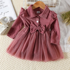 Baby Girls Long Sleeve Button Dress Bow Casual Mesh Dress