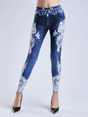 Denim Print Skinny Leggings Elastic Waist Stretchy Women's Clothing