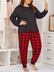 Heart Print Long Sleeve Tee & Plaid Pattern Pajama Set