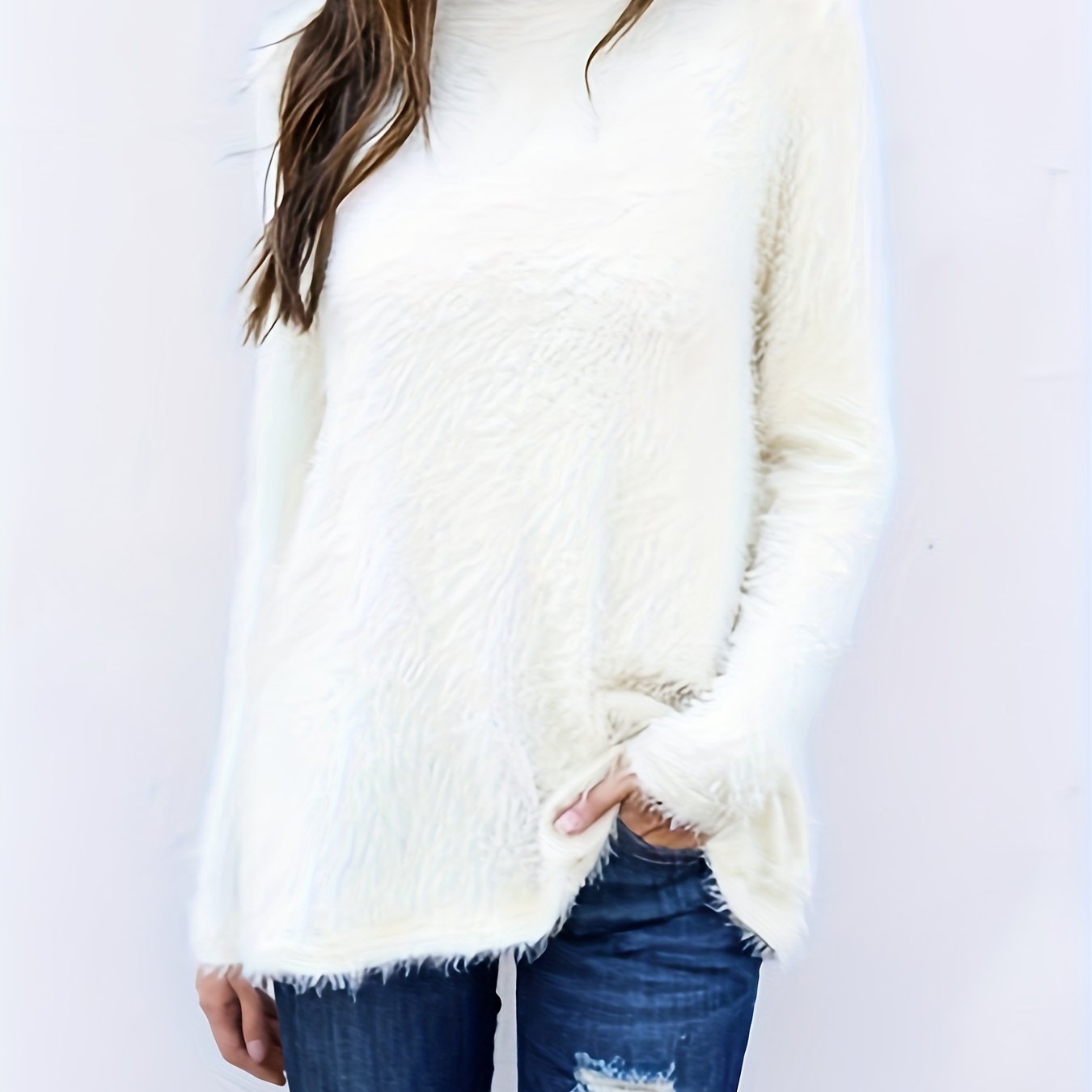Solid Round Neck Fuzzy Fleece Sweater