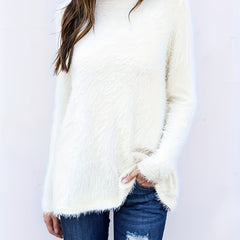 Solid Round Neck Fuzzy Fleece Sweater