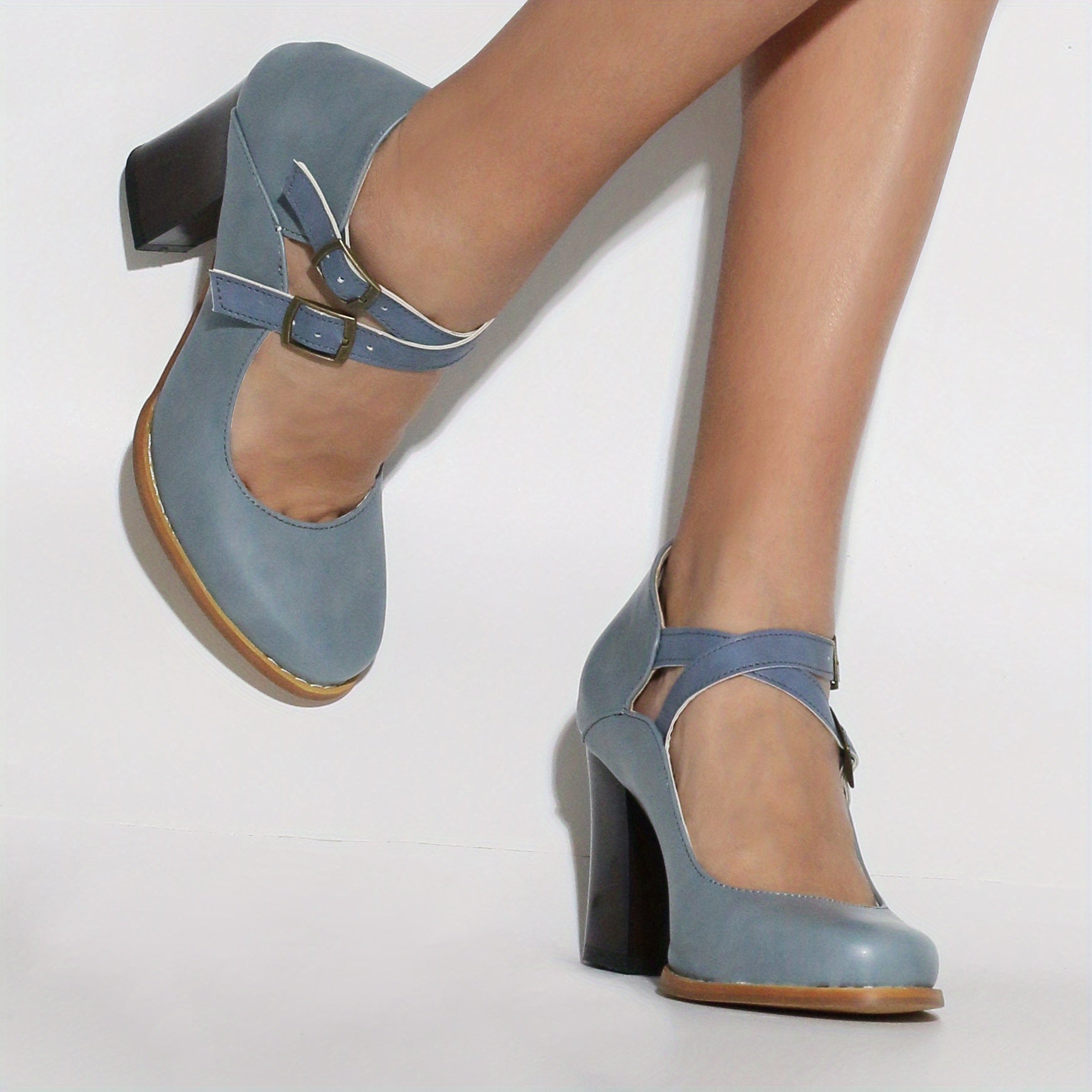 Solid Point Toe Double Strap Chunky Heel Shoes Comfy Dress Shoes