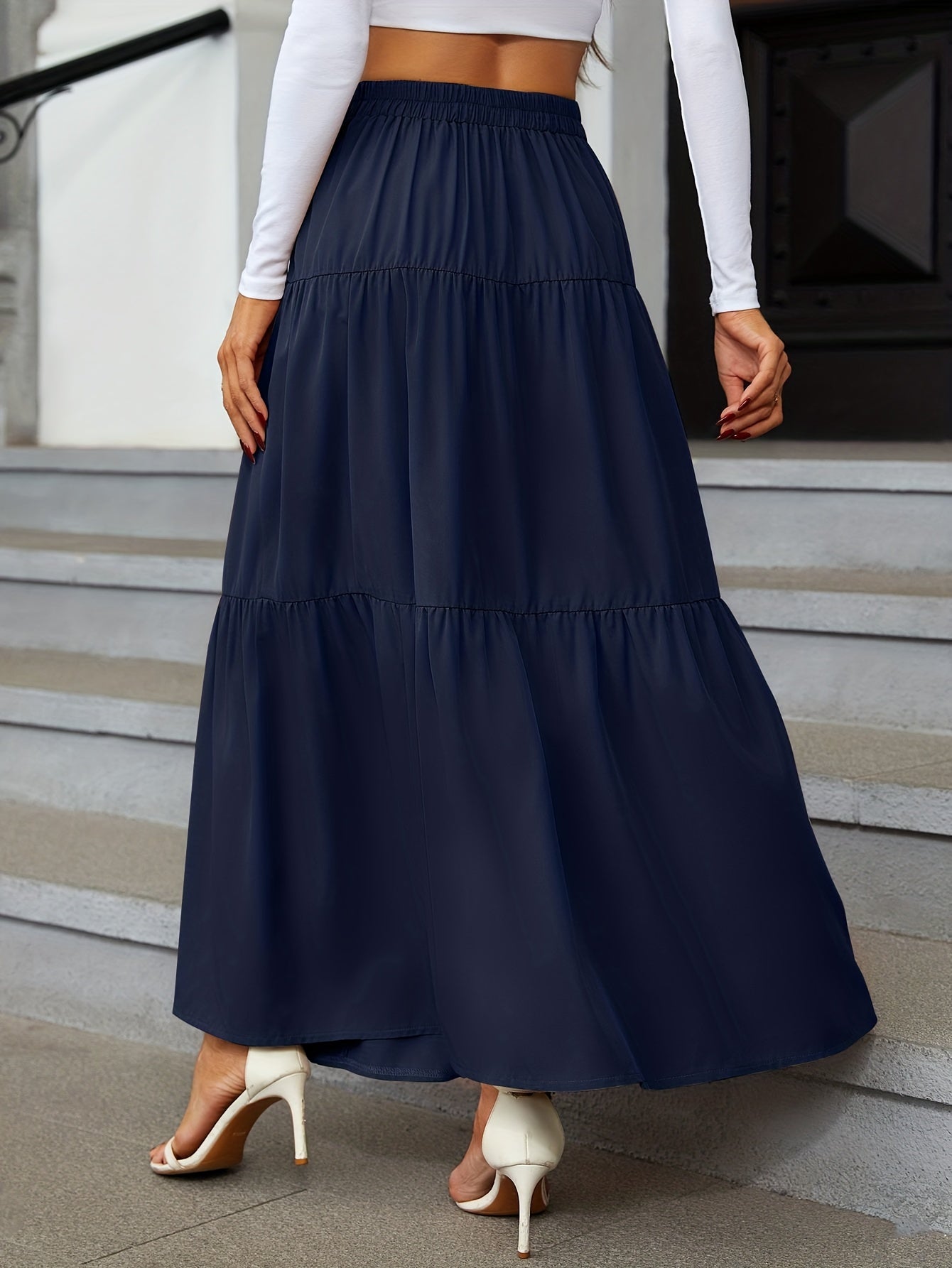 High Waist Tiered Skirts Button Front Maxi Skirts Women's Clothing