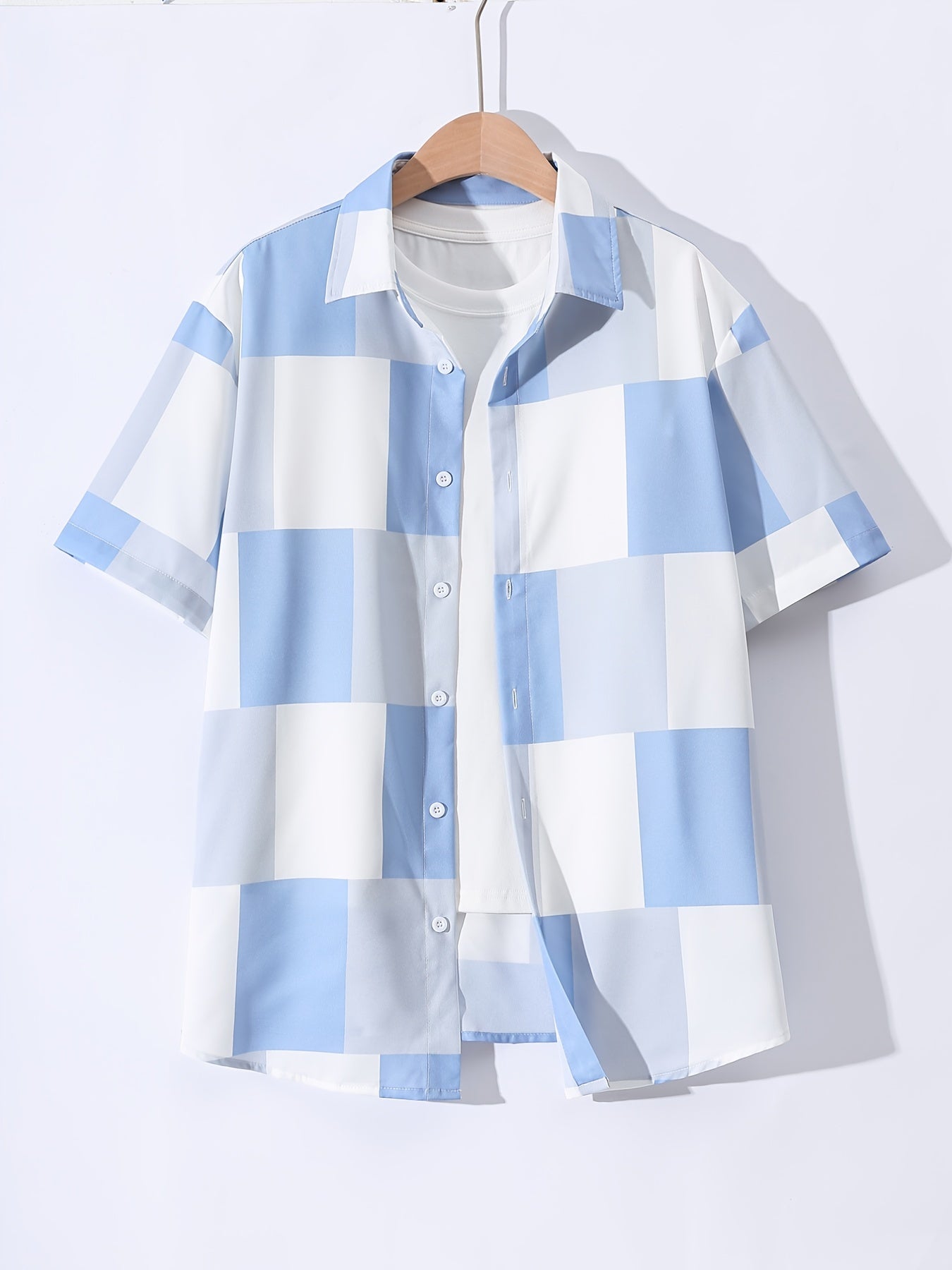 Grid Pattern Men's Short Sleeve Shirt - Summer Casual Button Up
