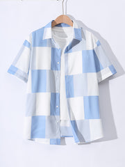Grid Pattern Men's Short Sleeve Shirt - Summer Casual Button Up