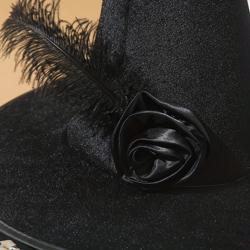 Halloween Witch Hat Feather Rose Decor Magic Wizard Hat