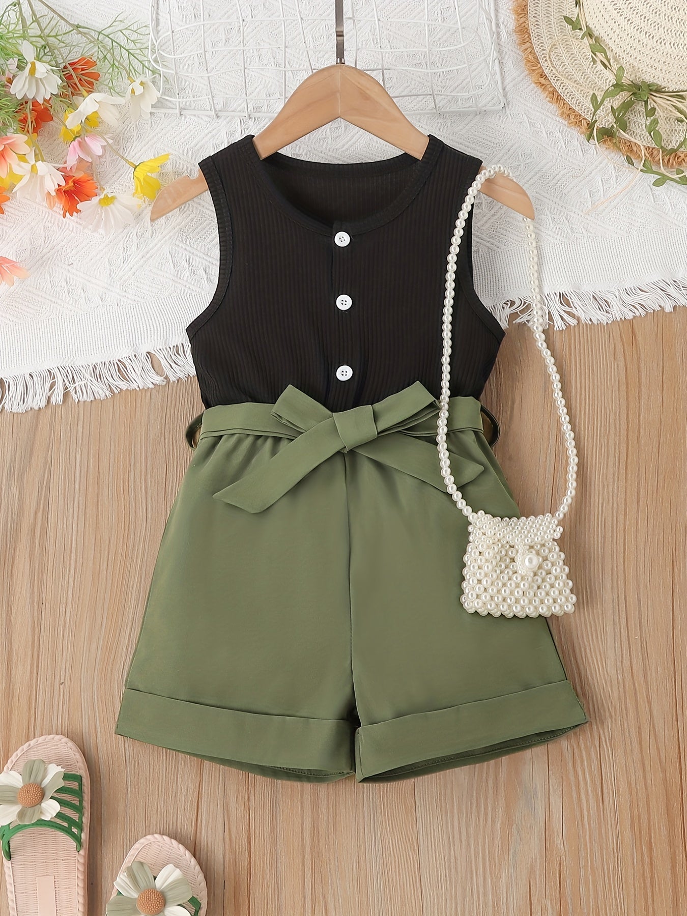 Girls Ribbed Sleeveless Romper Jumpsuit with Belt