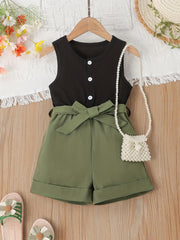 Girls Ribbed Sleeveless Romper Jumpsuit with Belt