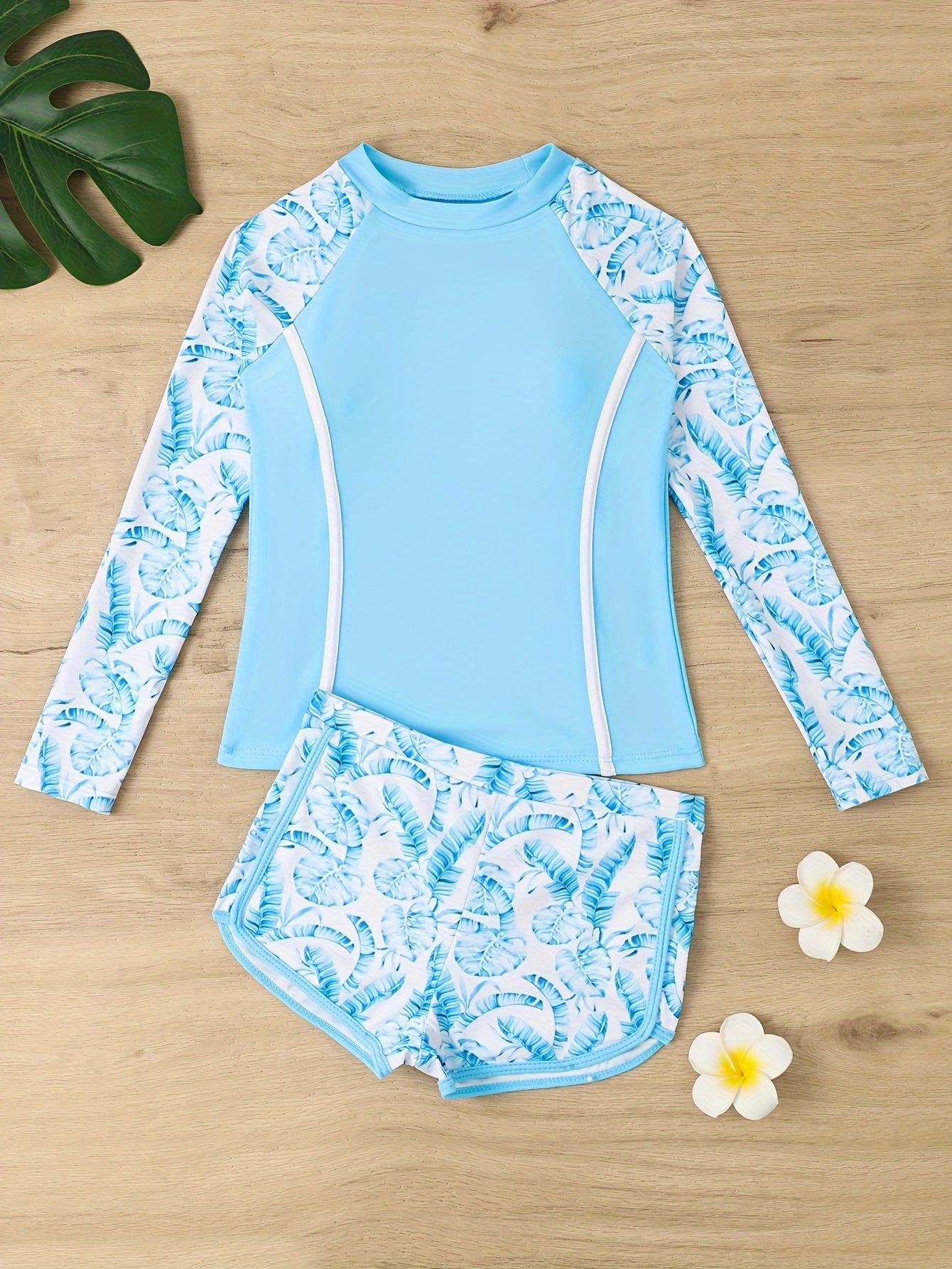 Girls Flower Print Swimsuit 2pc Set Long Sleeve Top & Shorts for Swim Training