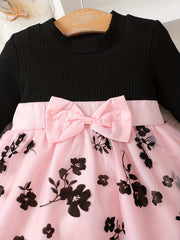 Baby Girl Flower Dress Long Sleeve Ribbed Mesh Casual Dresses