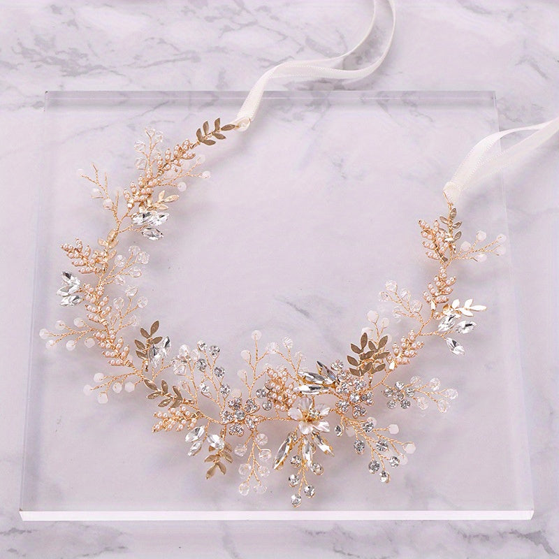 Leaf Shape Faux Pearl Head Piece Ribbon Bridal Hair Accessory