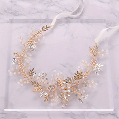 Leaf Shape Faux Pearl Head Piece Ribbon Bridal Hair Accessory
