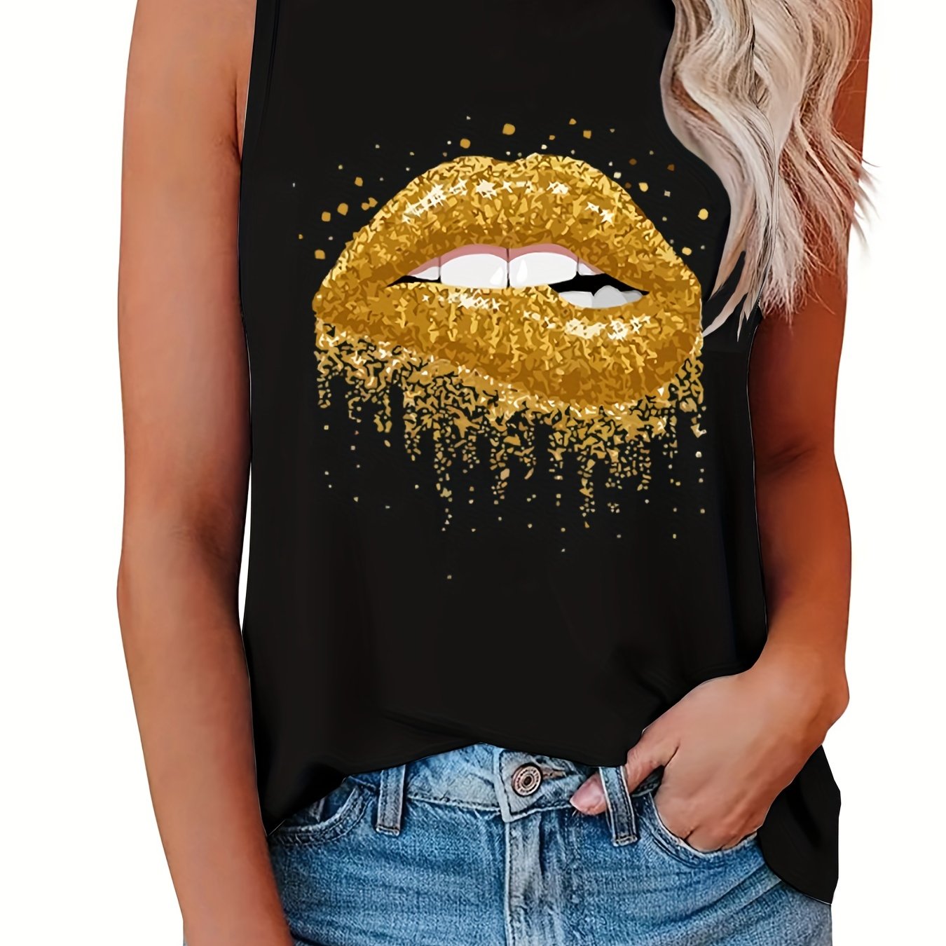 Lip Print Crew Neck Tank Top Sleeveless Casual Women's Summer Clothing