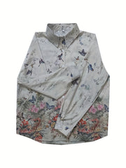 Floral Butterfly Print Button Up Long Sleeve Blouse