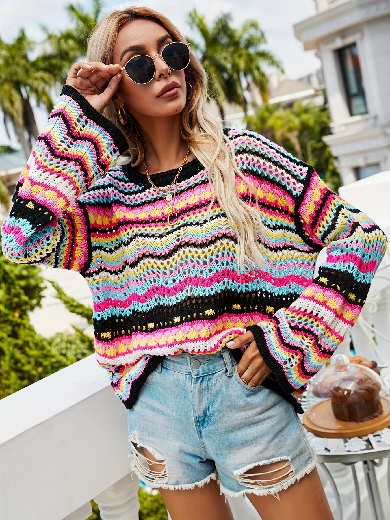 Striped Knit Sweater Crew Neck Long Sleeve Casual Sweater