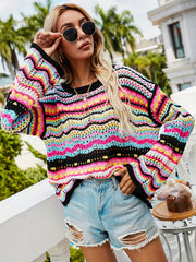 Striped Knit Sweater Crew Neck Long Sleeve Casual Sweater