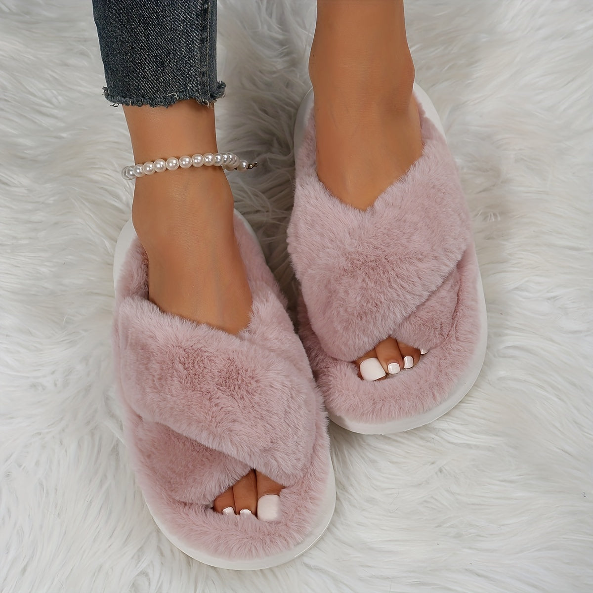 Plush Platform Slippers Cross Strap Slip On Comfortable Indoor Shoes