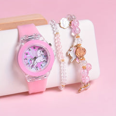 Hot Deal Cartoon Pony Silicone Strap LED Girls Watch Quartz Wristwatch Set