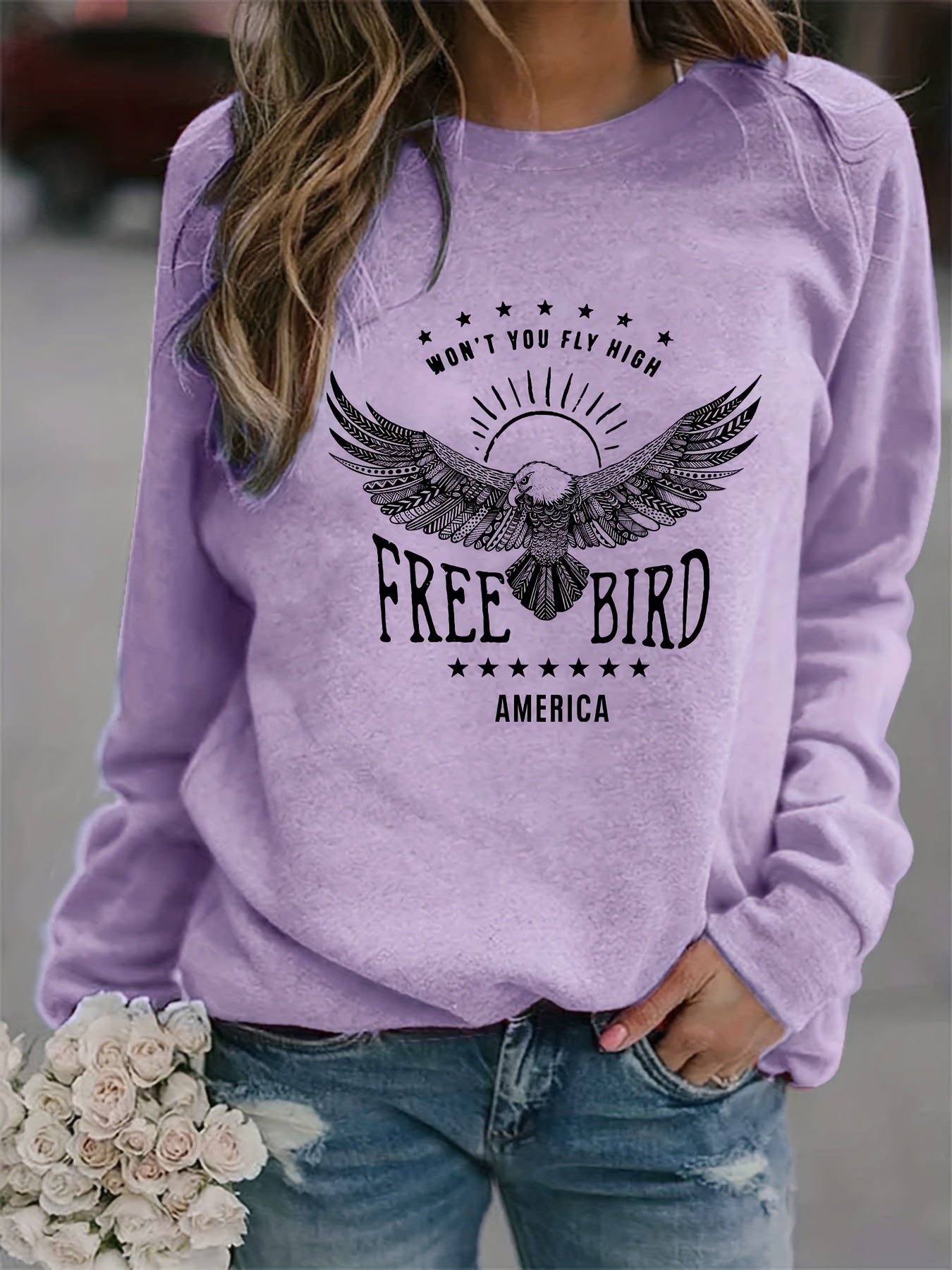 Eagle America Print Sweatshirt Crew Neck Casual Long Sleeve