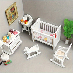 1:12 Scale Furniture Set Wooden Bed, Horse Rocker & Chair with Cabinet