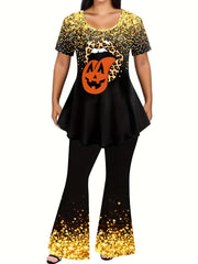 Women's Plus Abstract Pumpkin Lip & Golden Sequin Print Tunic Top & Pants Outfit