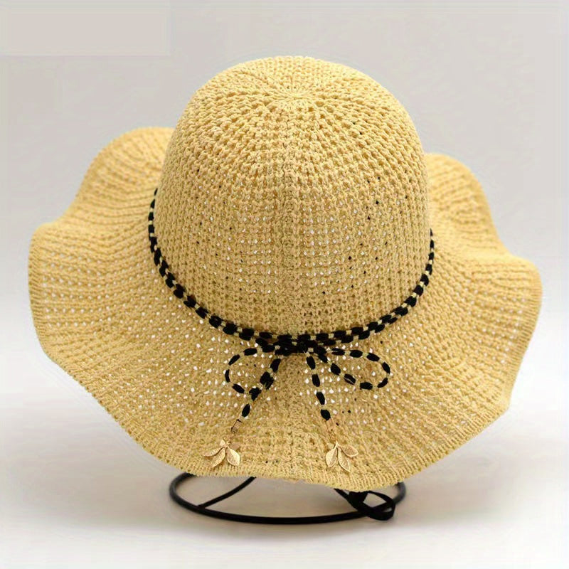 Ruffles Hollow Out Sun Hat Solid Floppy Bucket Hat Bowknot Decor Crochet