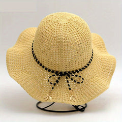 Ruffles Hollow Out Sun Hat Solid Floppy Bucket Hat Bowknot Decor Crochet