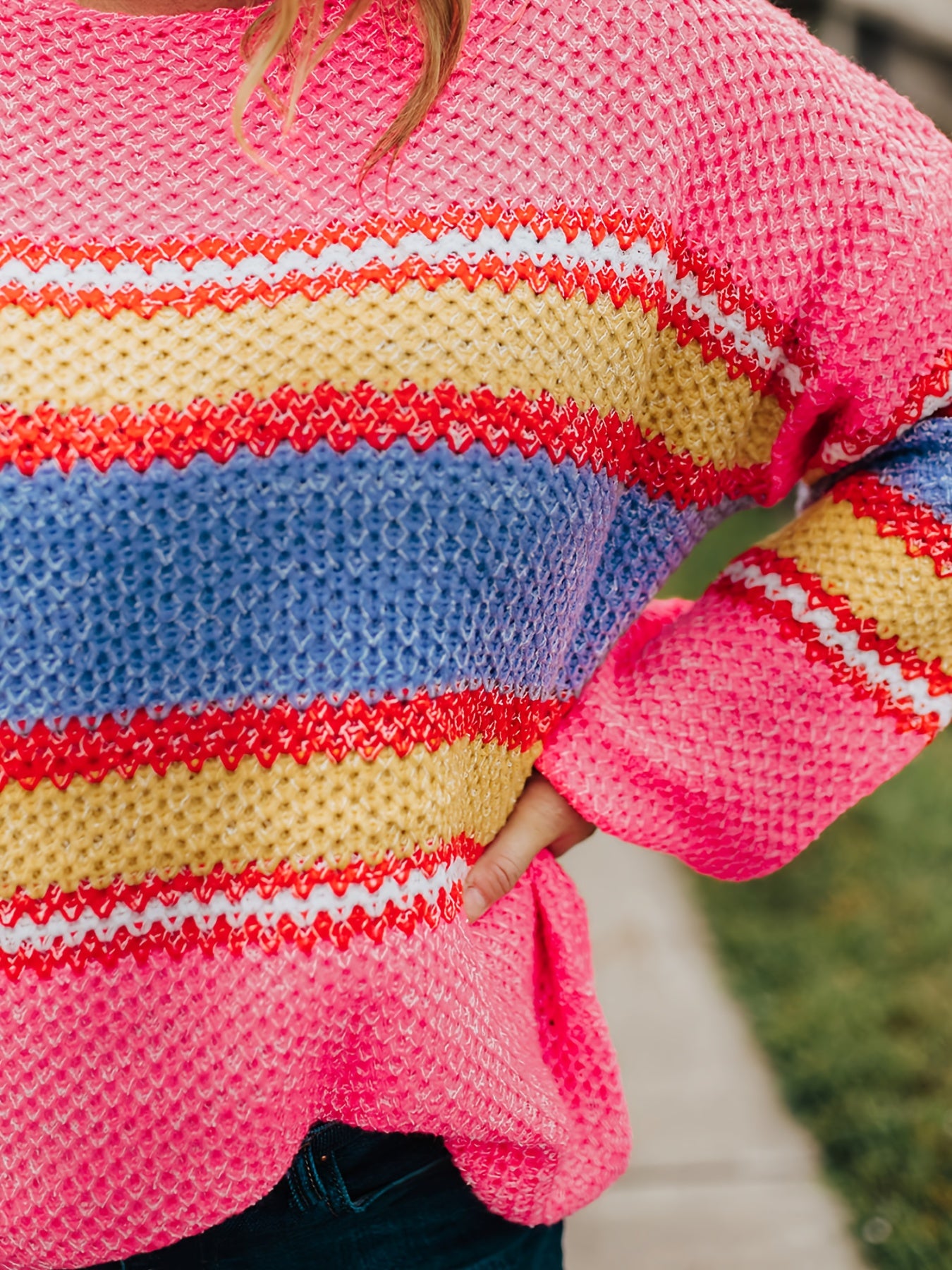 Colorblock Stripe Print Round Neck Sweater