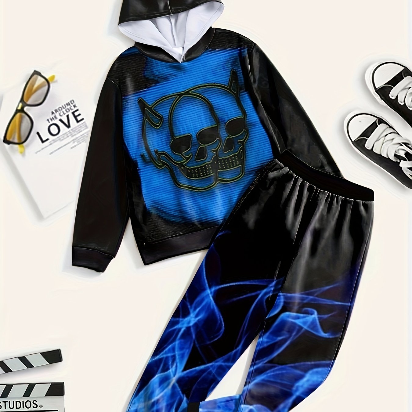 Girls Skull Evil Graphic Hoodies Jogger Pants Set for Spring