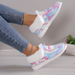 Women's Plush Lined Canvas Shoes Tie Dye Slip On Fuzzy Snow Boots