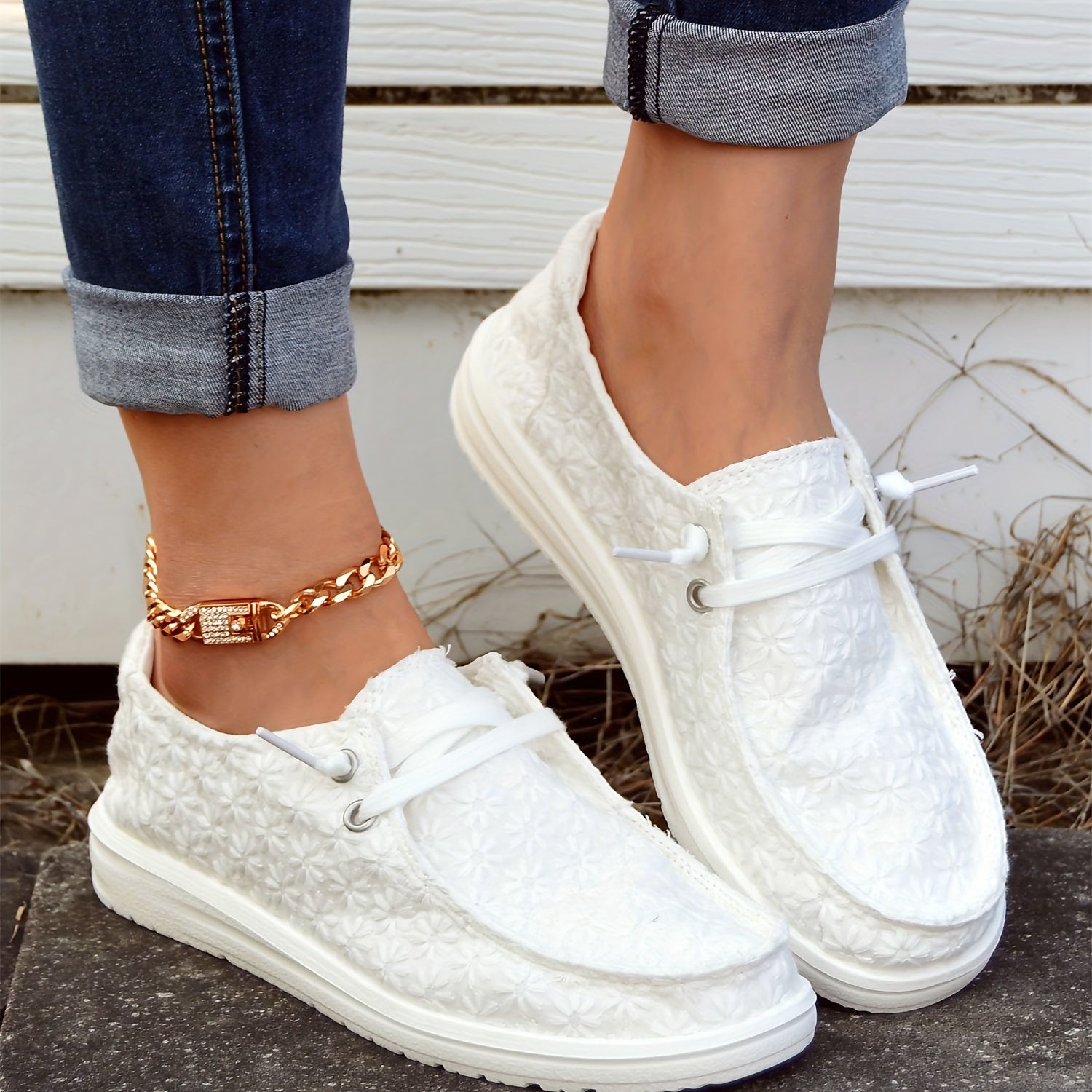 Snow Flake Pattern Boat Shoes Slip on Walking Shoes Canvas Sneake