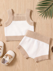 2pcs Baby Girls Casual Block Knit Tank Top & Shorts Set