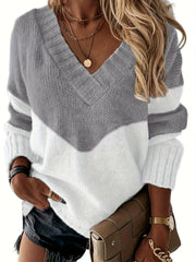 Colorblock V Neck Sweater Long Sleeve Pullover