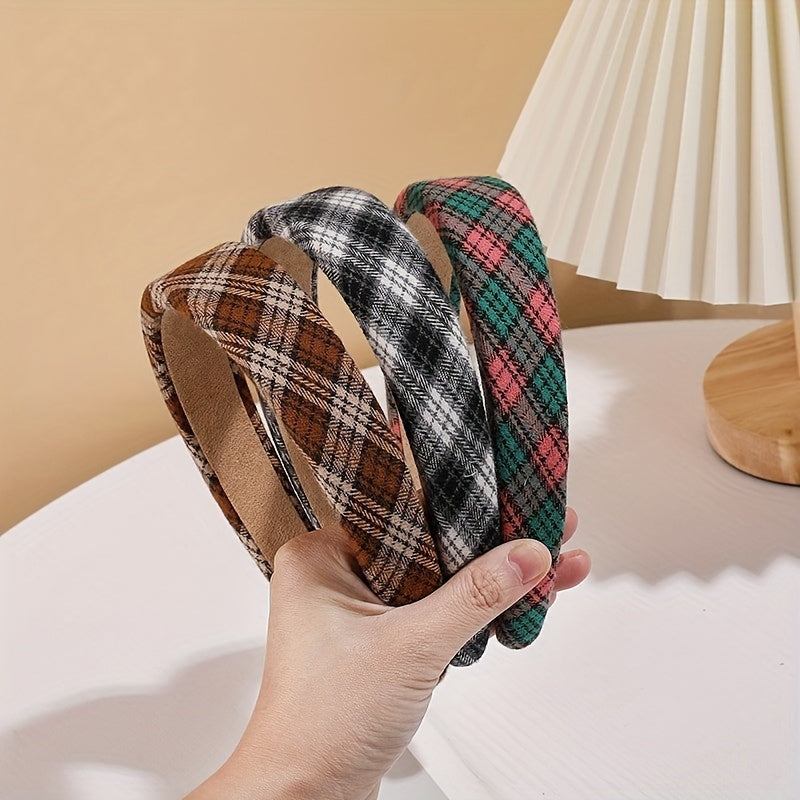 Plaid Pattern Wide Headband Soft Sponge Hair Hoop Vintage Hair Accessory