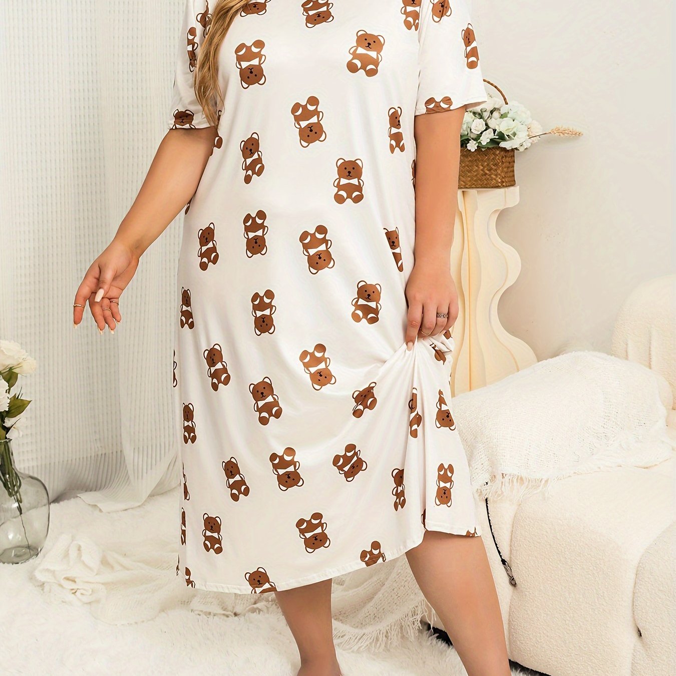 Bear Print Nightdress Short Sleeve Round Neck Plain Sleep Dress