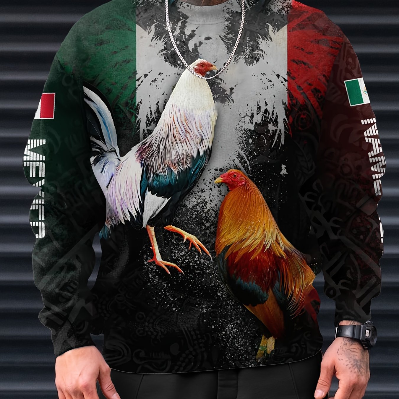 Men's Rooster Pattern Crew Neck Sweatshirt
