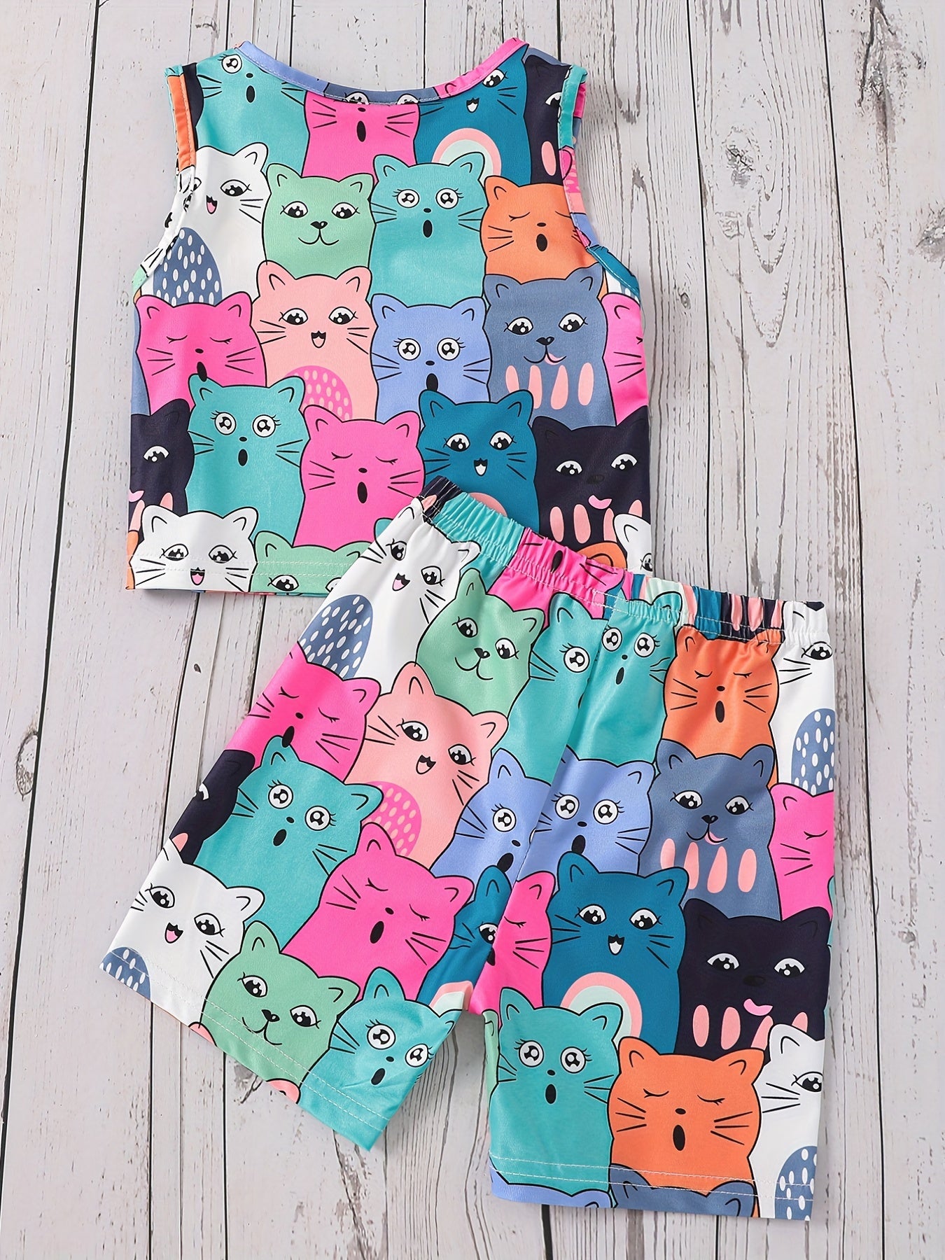 Kids Summer Cartoon Cat Tank Crop Top & Shorts Set
