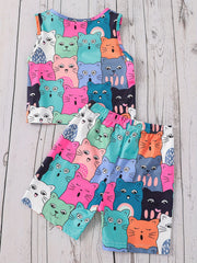 Kids Summer Cartoon Cat Tank Crop Top & Shorts Set