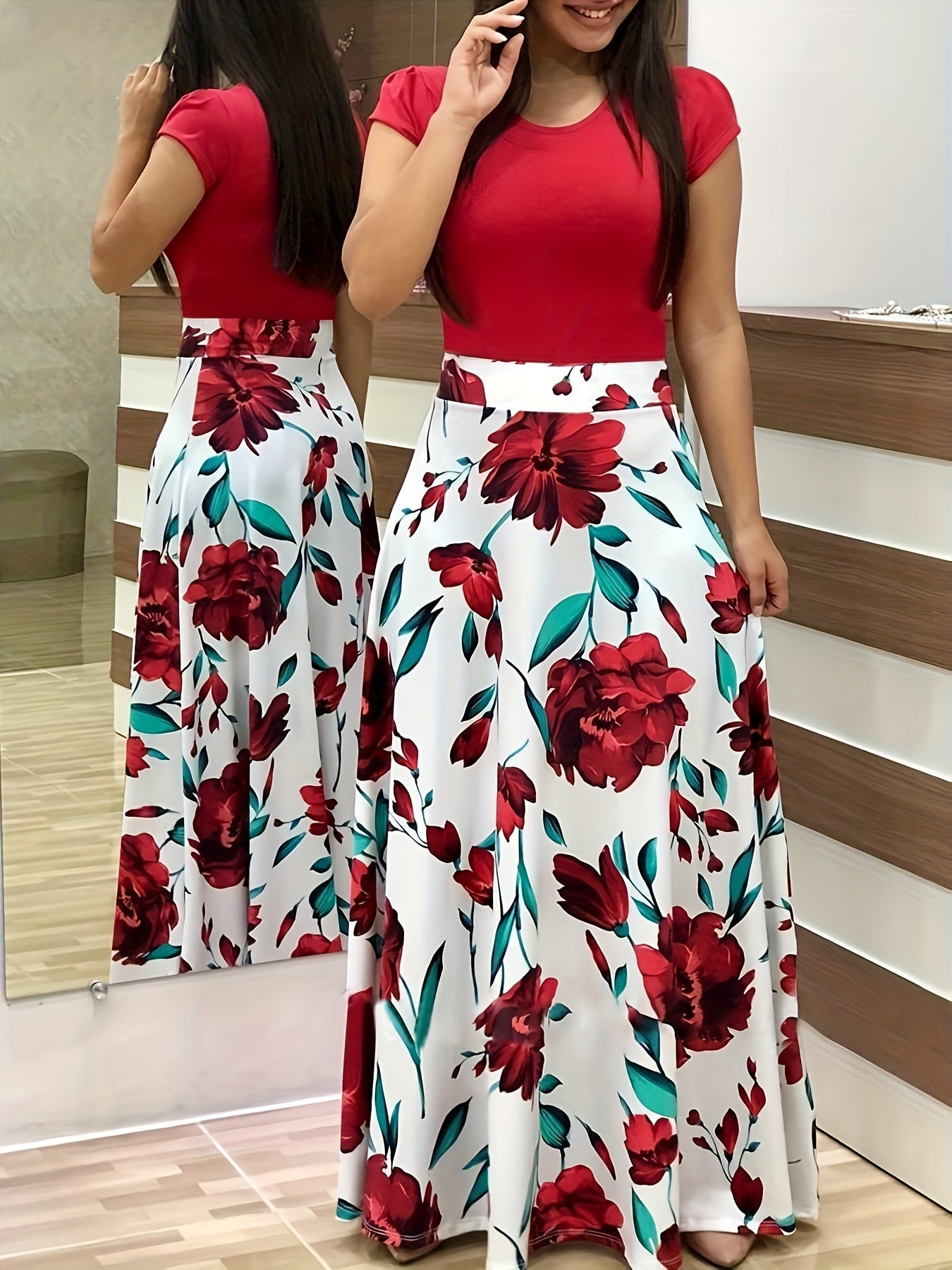Colorblock Flower Print Short Sleeve Maxi Dress Plus Size