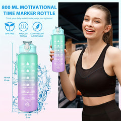 Gradient Water Bottle with Straw and Time Marker, Portable Leakproof Mot