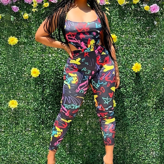 Graffiti Print Cut Out Jumpsuit Sexy Spaghetti Strap Sleeveless Jumpsuit