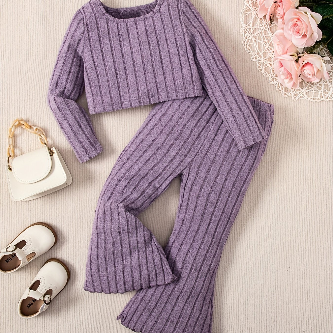 Toddler Girl's Ribbed Top & Flared Pants Set Casual Outfits Kids Clothes