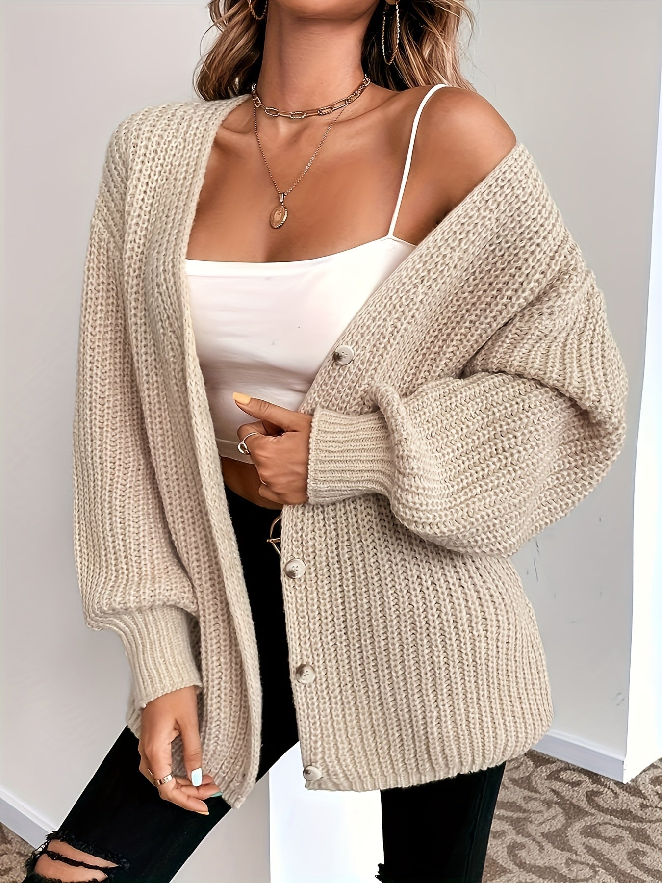 Solid V Neck Button Up Cardigan Long Sleeve Sweater Women's Clothing