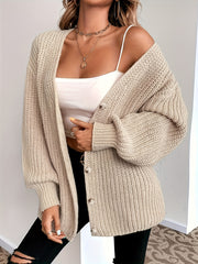 Solid V Neck Button Up Cardigan Long Sleeve Sweater Women's Clothing