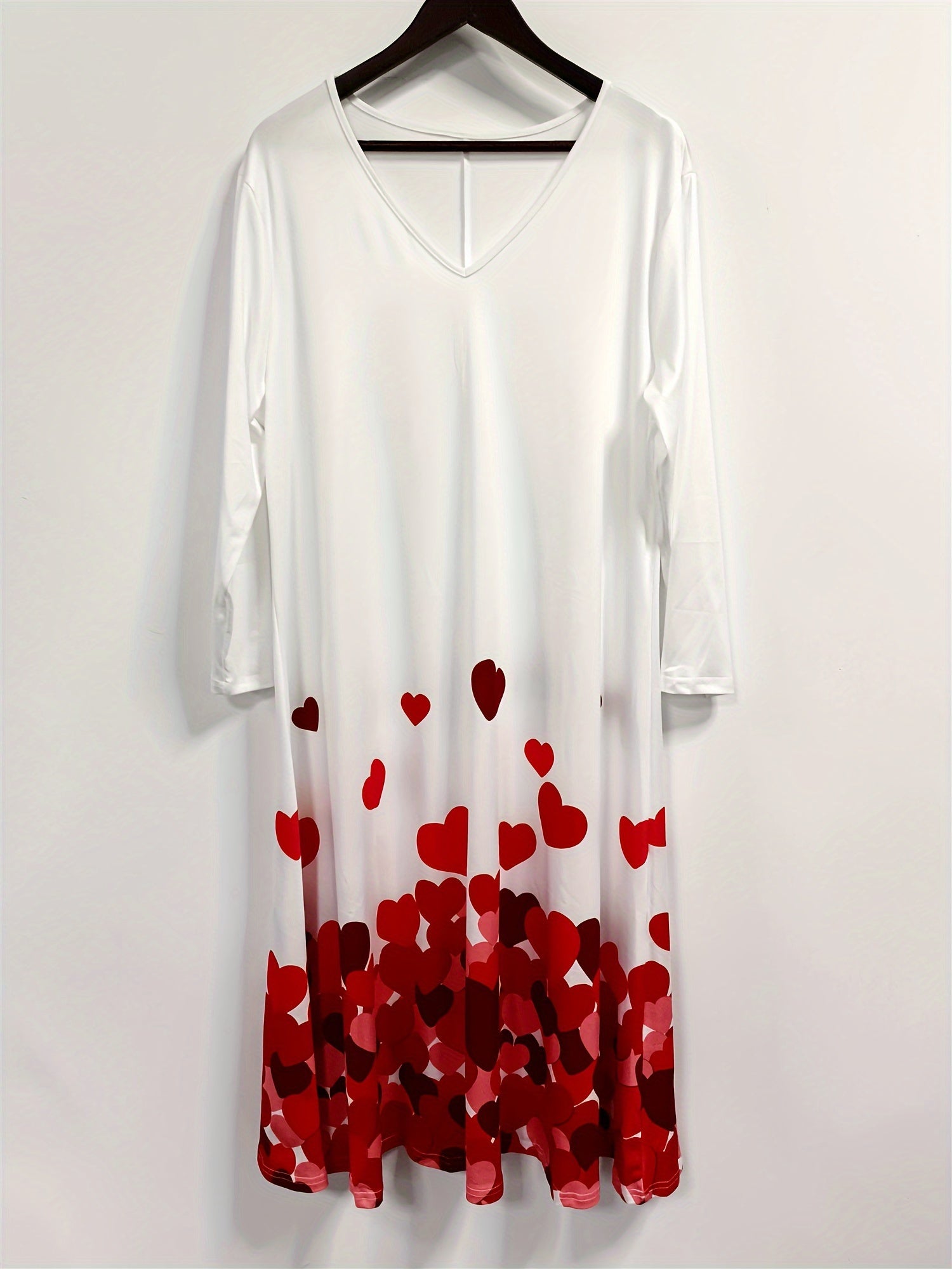 Heart Print Long Sleeve V Neck Midi Dress